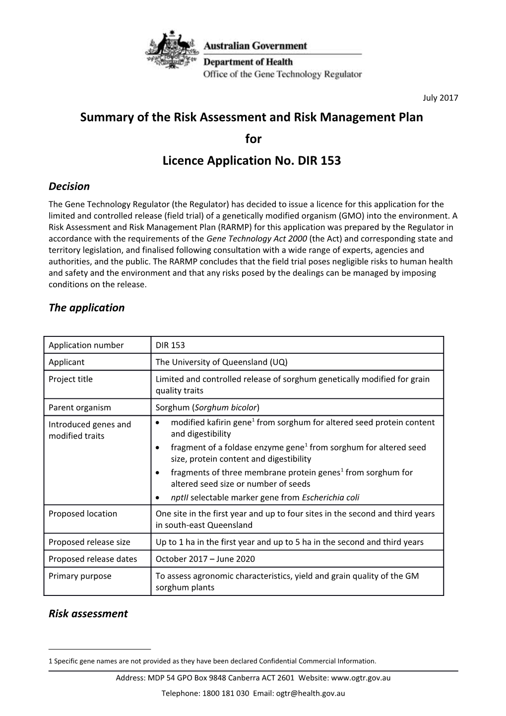 DIR 153 - Summary of Risk Assessment and Risk Management Plan