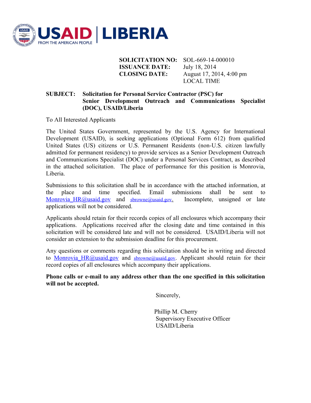 SUBJECT: Solicitation for Personal Service Contractor (PSC) For