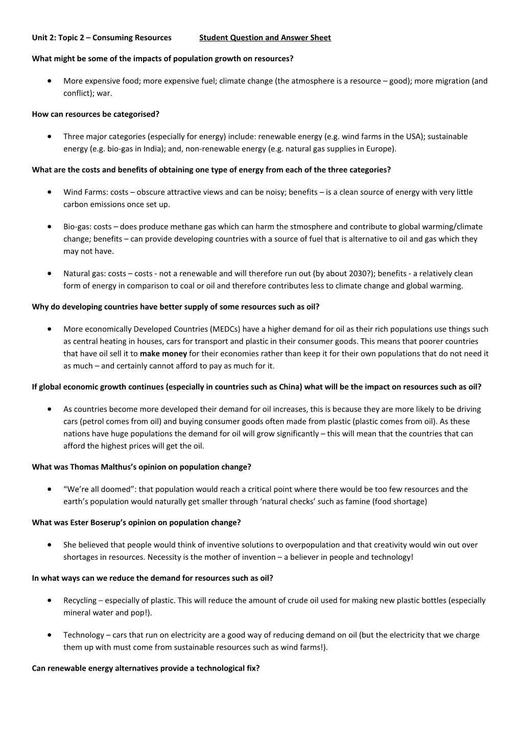 Unit 2: Topic 2 Consuming Resources Student Question and Answer Sheet