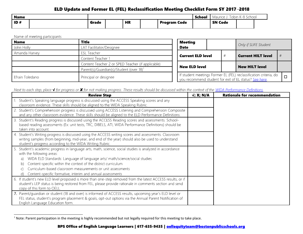 ELD Update and Former EL (FEL) Reclassification Meeting Checklist Form SY 2017 2018