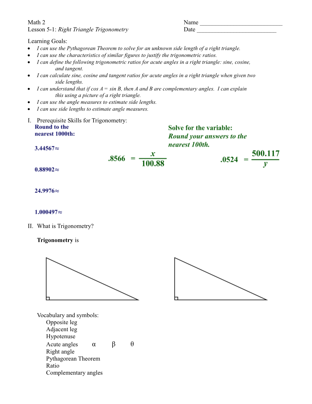 Lesson 5-1:Right Triangle Trigonometrydate ______