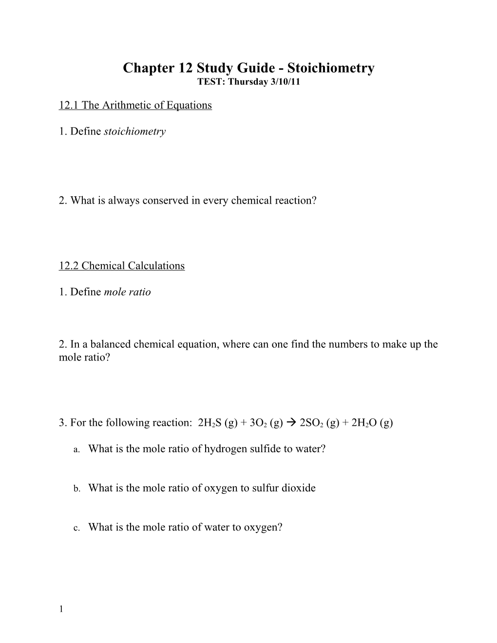 Chapter 12Study Guide- Stoichiometry