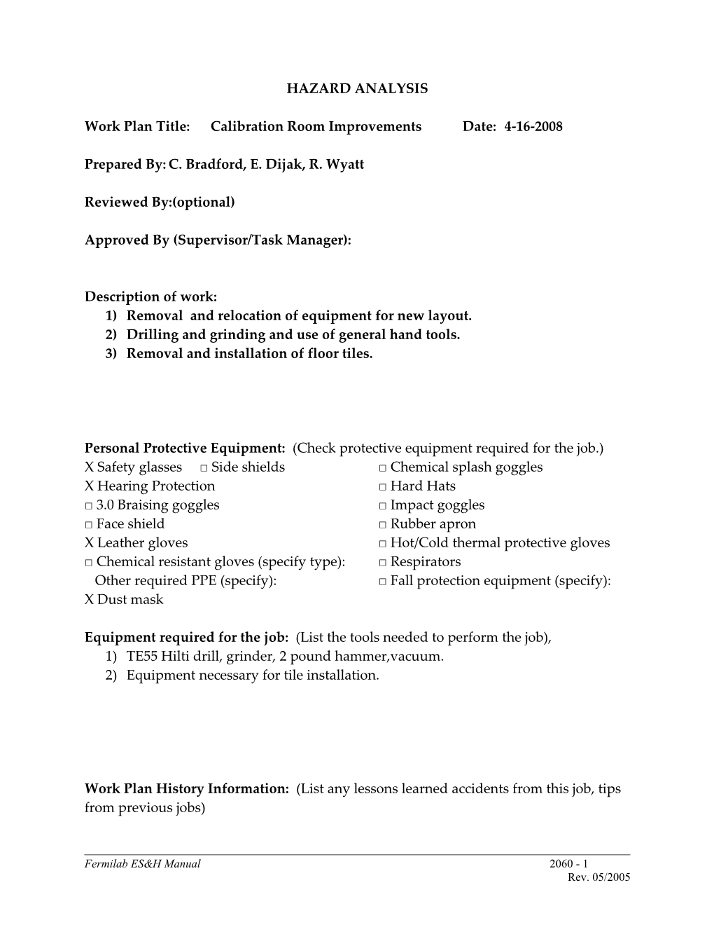 Work Plan Title:Calibration Room Improvementsdate: 4-16-2008