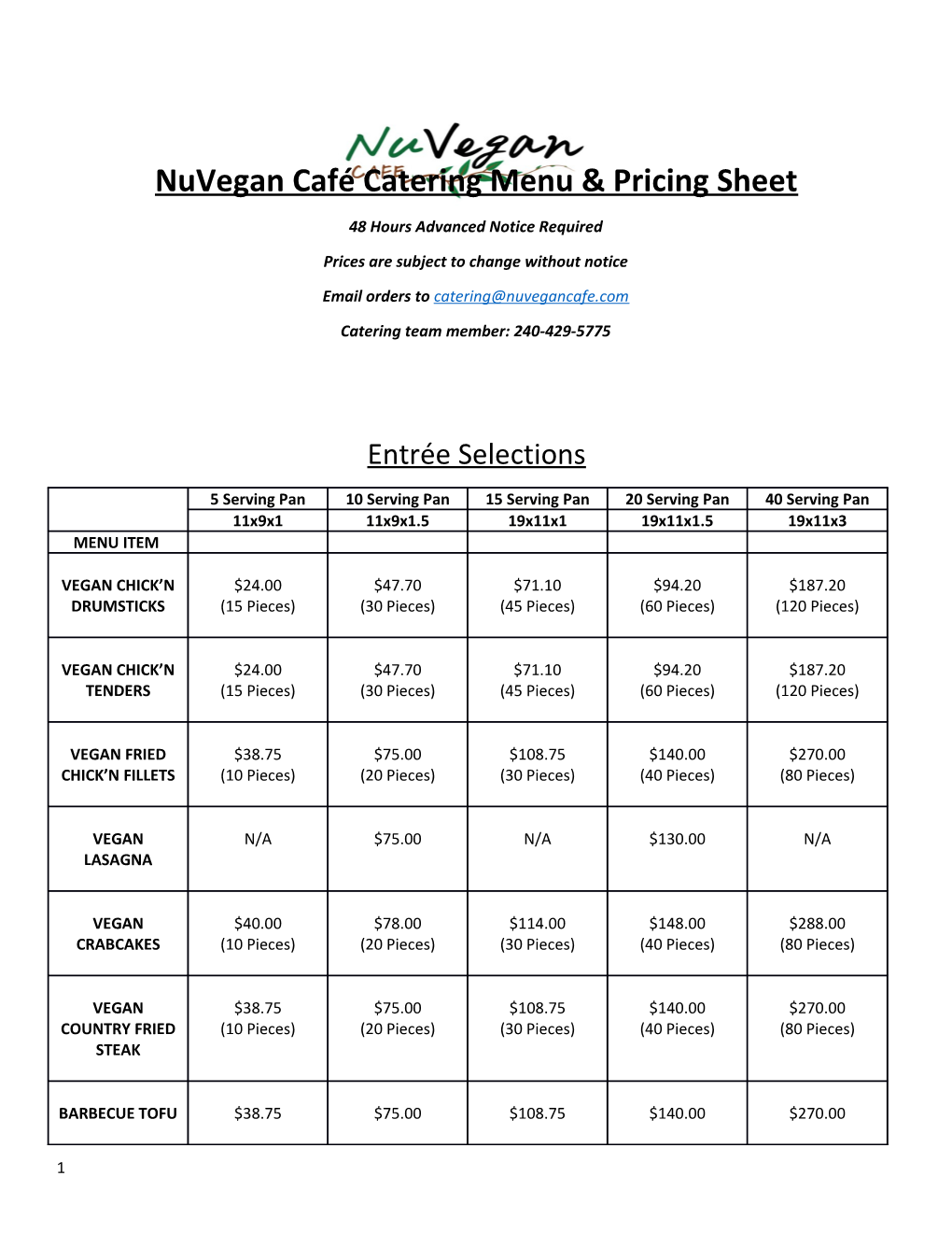 Nuvegan Café Catering Menu & Pricing Sheet