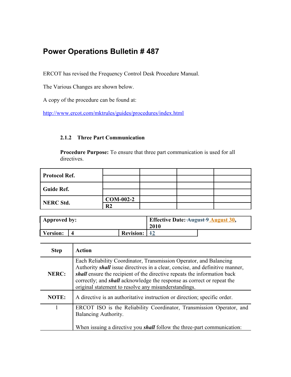 Power Operations Bulletin # 487