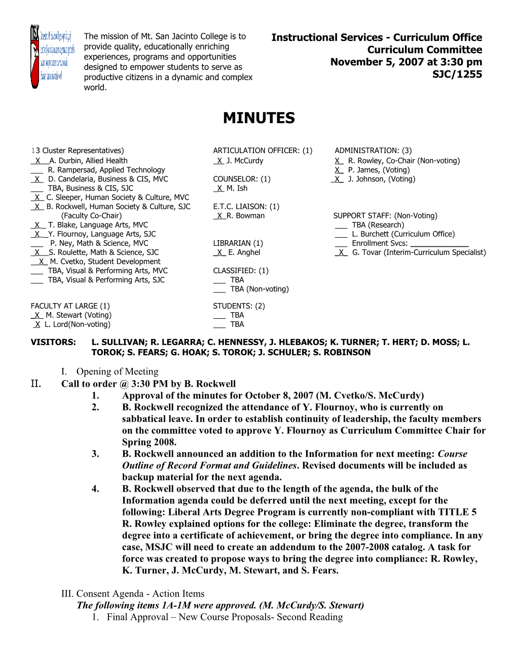 Curriculum Committee Meeting Minutes NOV 5 2007