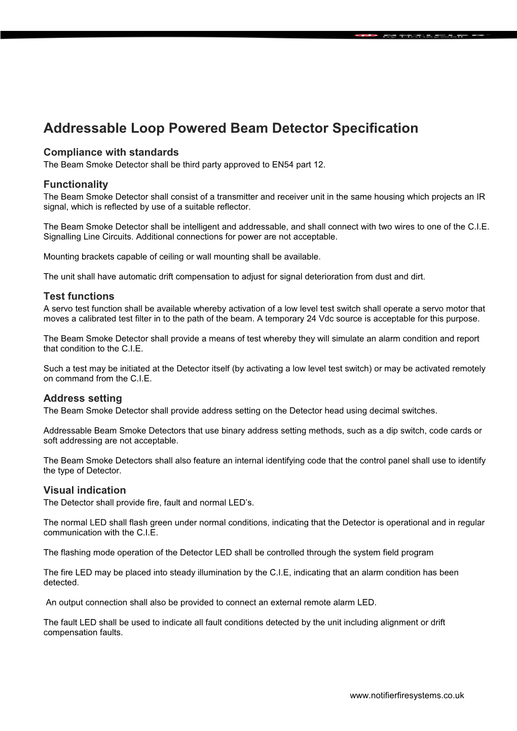 Addressableloop Powered Beam Detector Specification