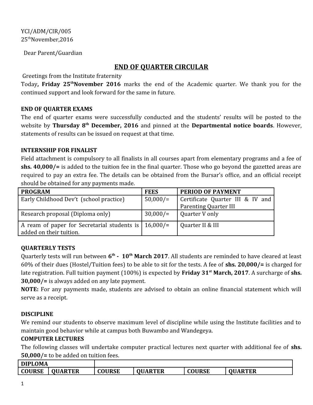 End of Quarter Circular