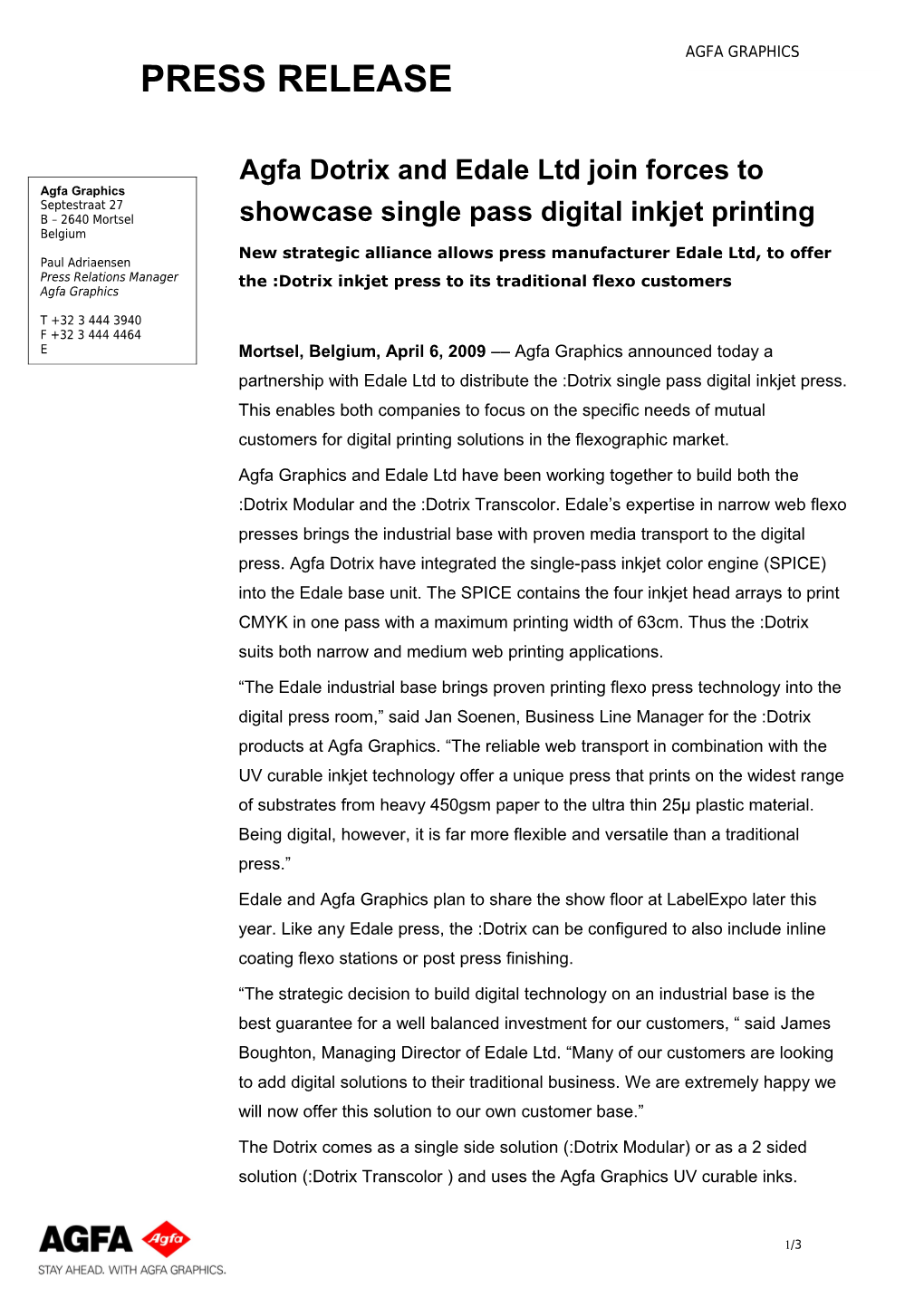 Agfa Dotrix and Edale Ltd Join Forces to Showcase Single Pass Digital Inkjet Printing