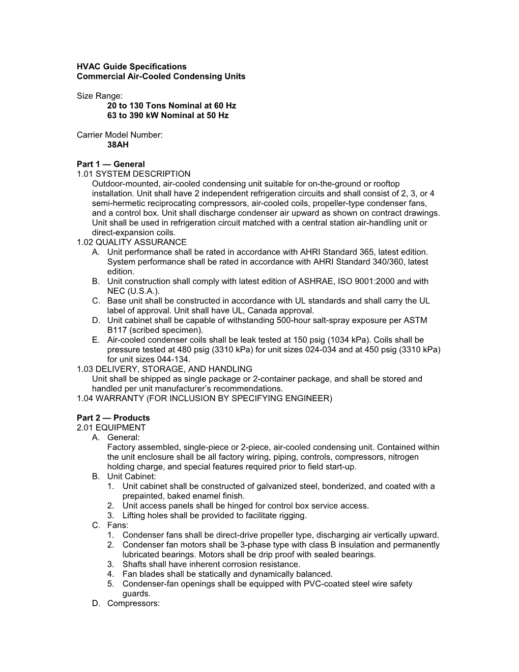 38AH Guide Specifications, 20 to 130 Nominal Tons (63 to 390 Nominal Kw)