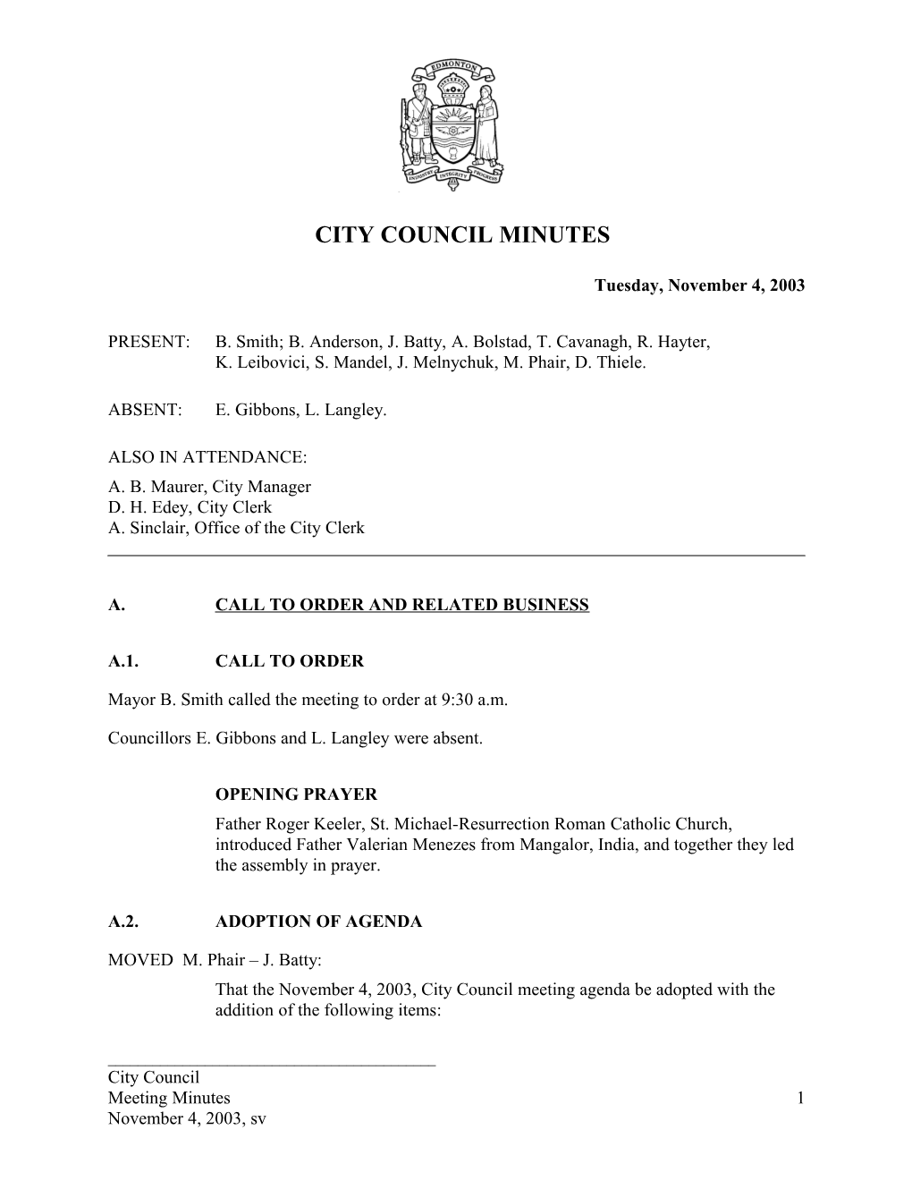 Minutes for City Council November 4, 2003 Meeting