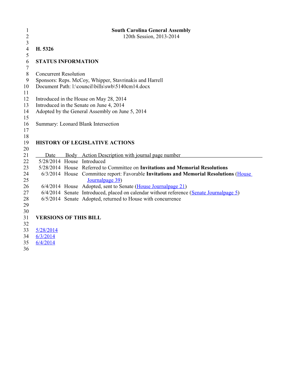 2013-2014 Bill 5326: Leonard Blank Intersection - South Carolina Legislature Online