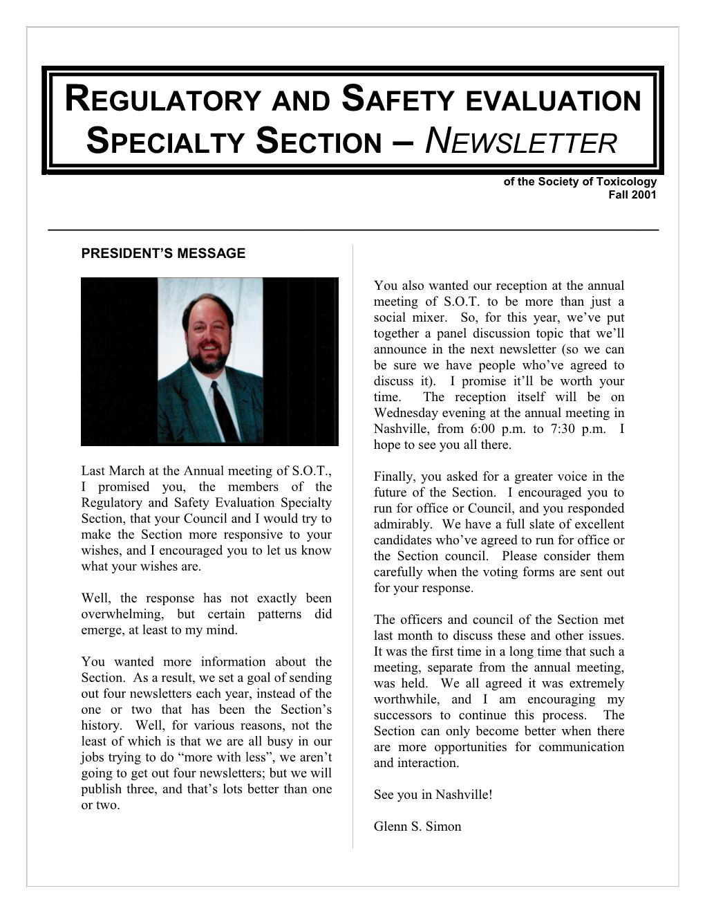 Regulatory and Safety Evaluation Specialty Section - Newsletter