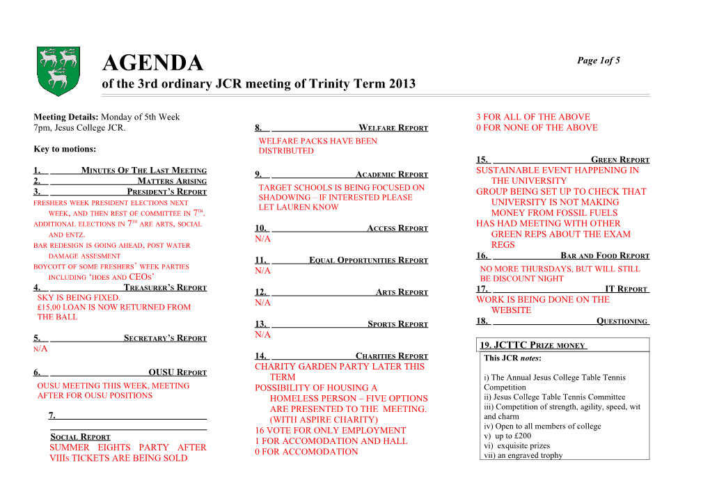 Of the 3Rd Ordinary JCR Meeting of Trinity Term 2013