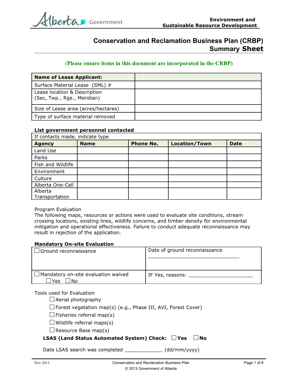 Conservation and Reclamation Business Plan (CRBP) Summary Sheet Form