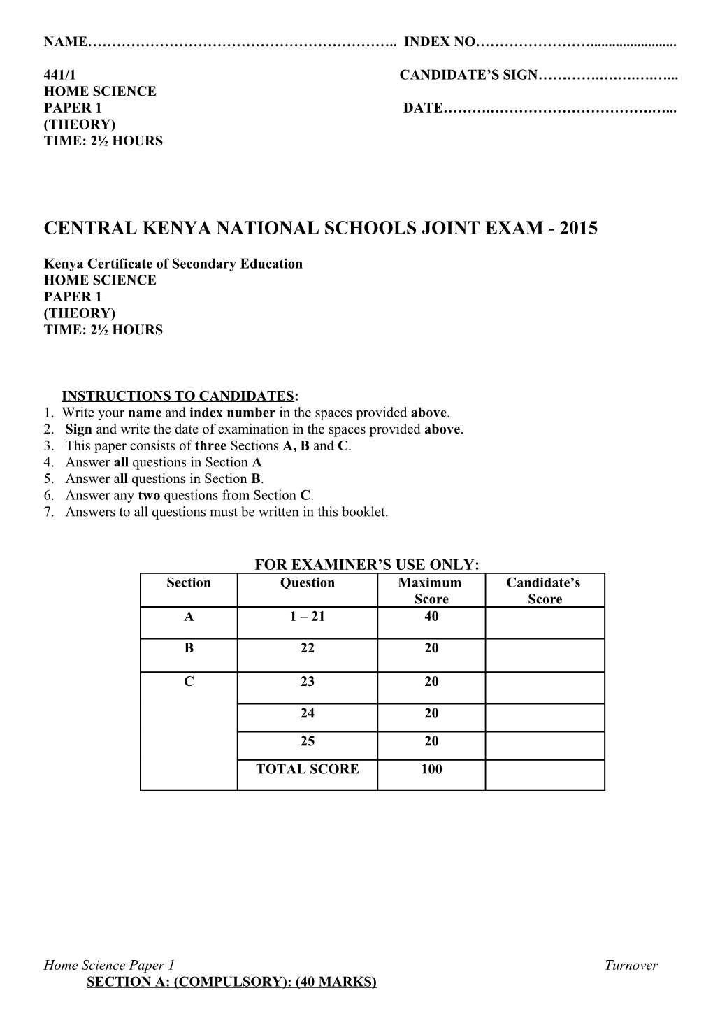 Central Kenya National Schools Joint Exam - 2015