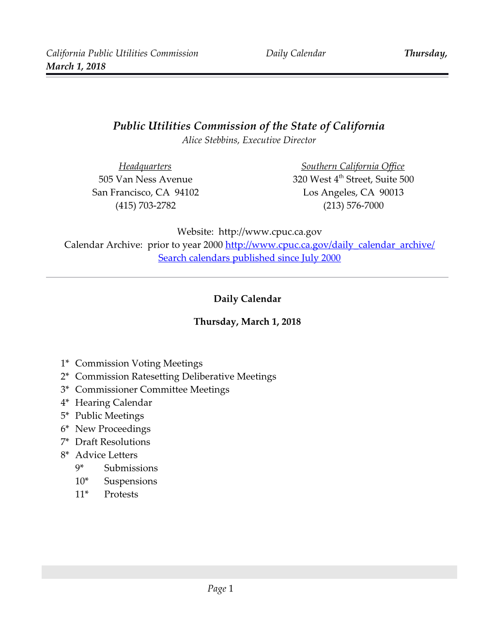 California Public Utilities Commission Daily Calendar Thursday, March 1, 2018
