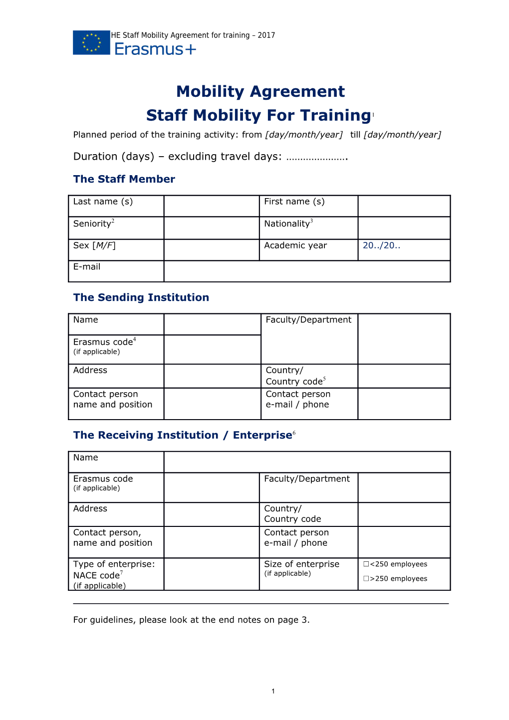 Erasmus+ HE Staff Mobility Agreement for Training 2017