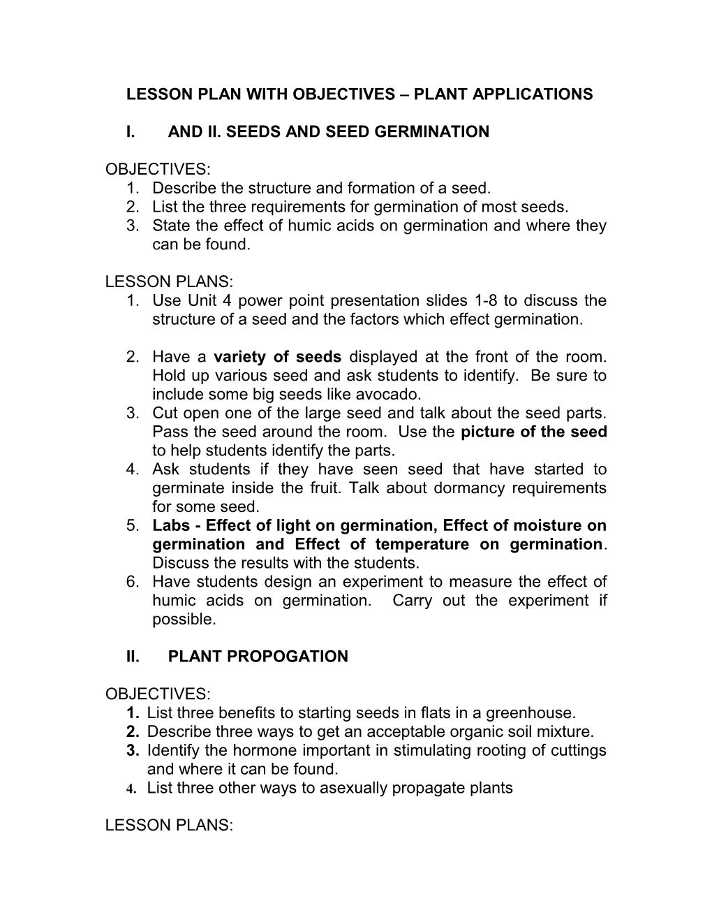 Objectives and Lesson Plan Unit 4 Plant Applications