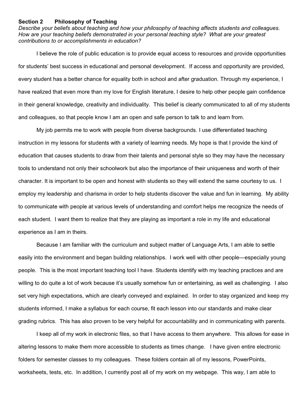 Section 2 Philosophy of Teaching