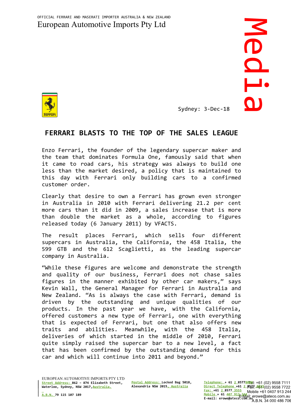 Ferrari Blasts to the Top of the Sales League