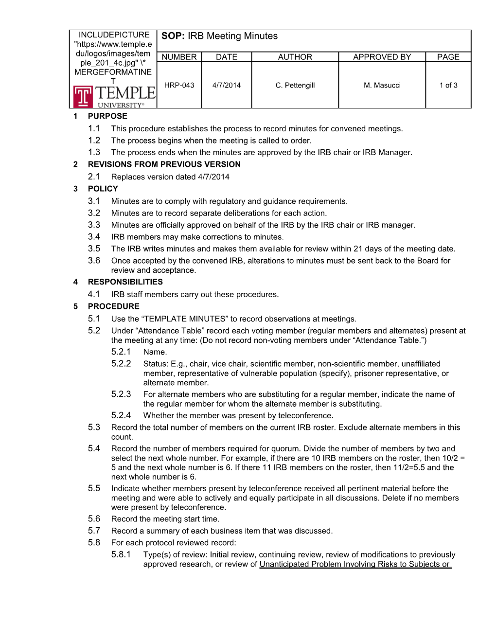 SOP: IRB Meeting Minutes