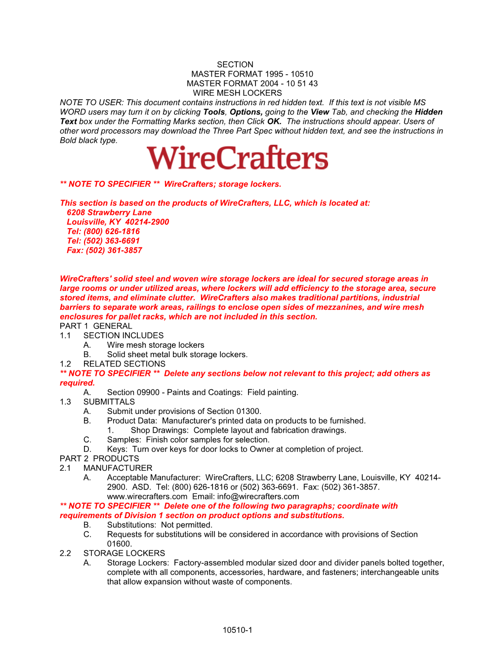 NOTE to SPECIFIER Wirecrafters; Storage Lockers