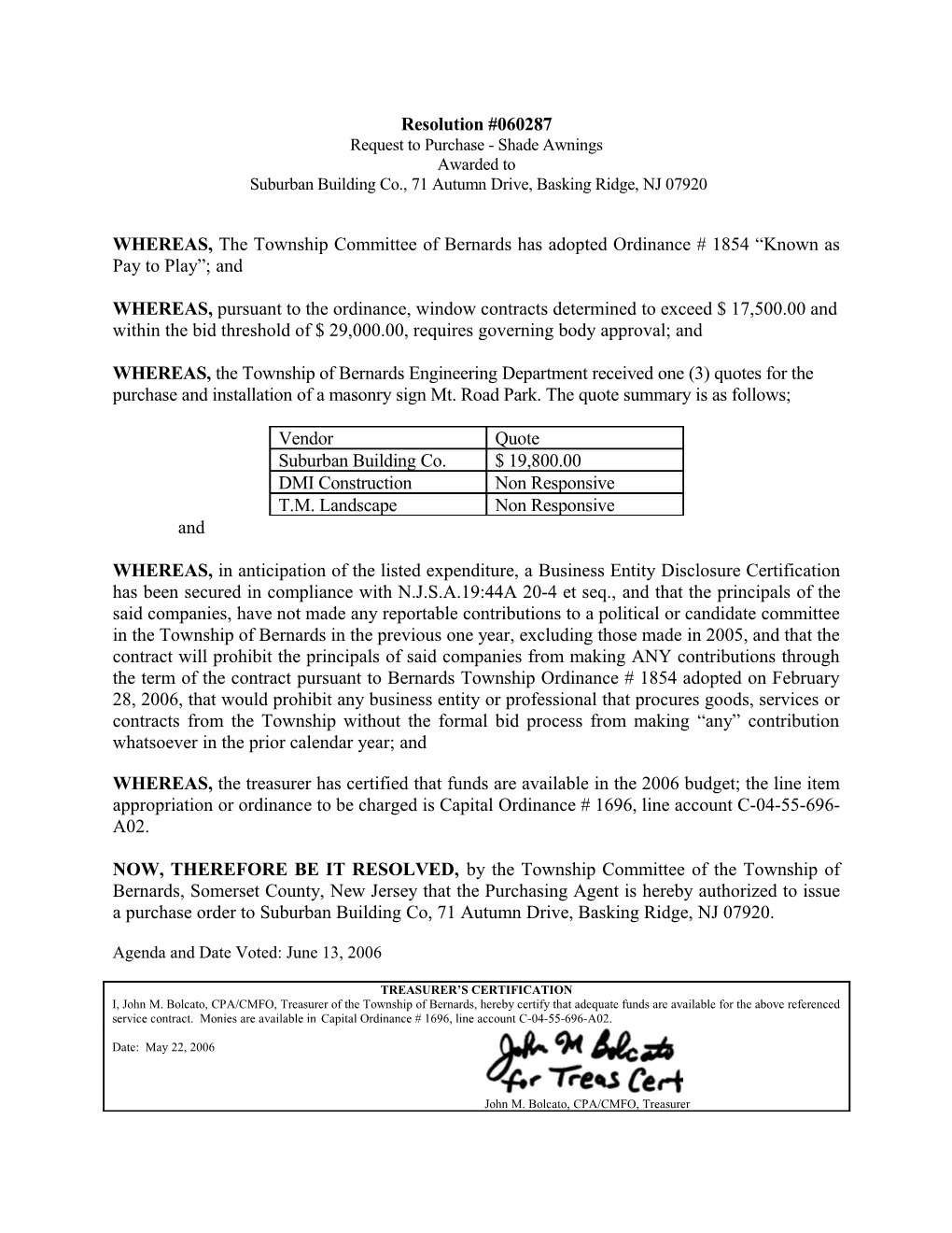 Resolution - Shade Awning Purchase Award (A0410479;1)