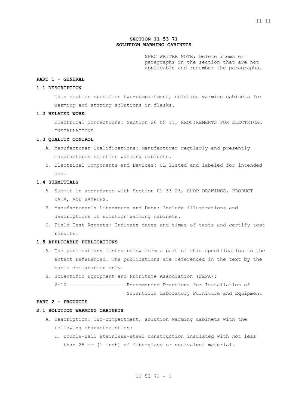 Section 11 53 71 - SOLUTION WARMING CABINETS