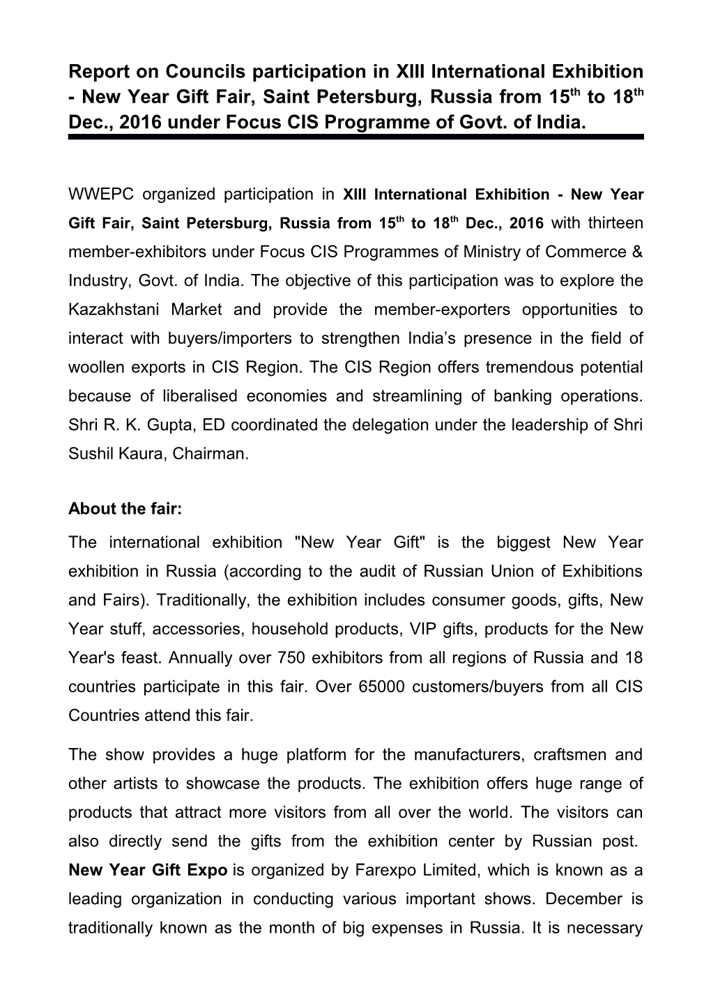 Report on Councils Participation in XIII International Exhibition - New Year Gift Fair