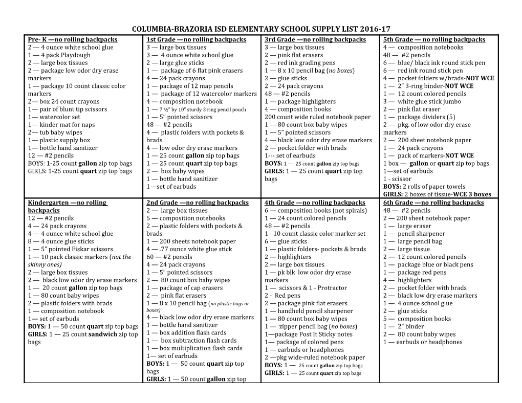 Columbia-Brazoria Isd Elementary School Supply List 2016-17