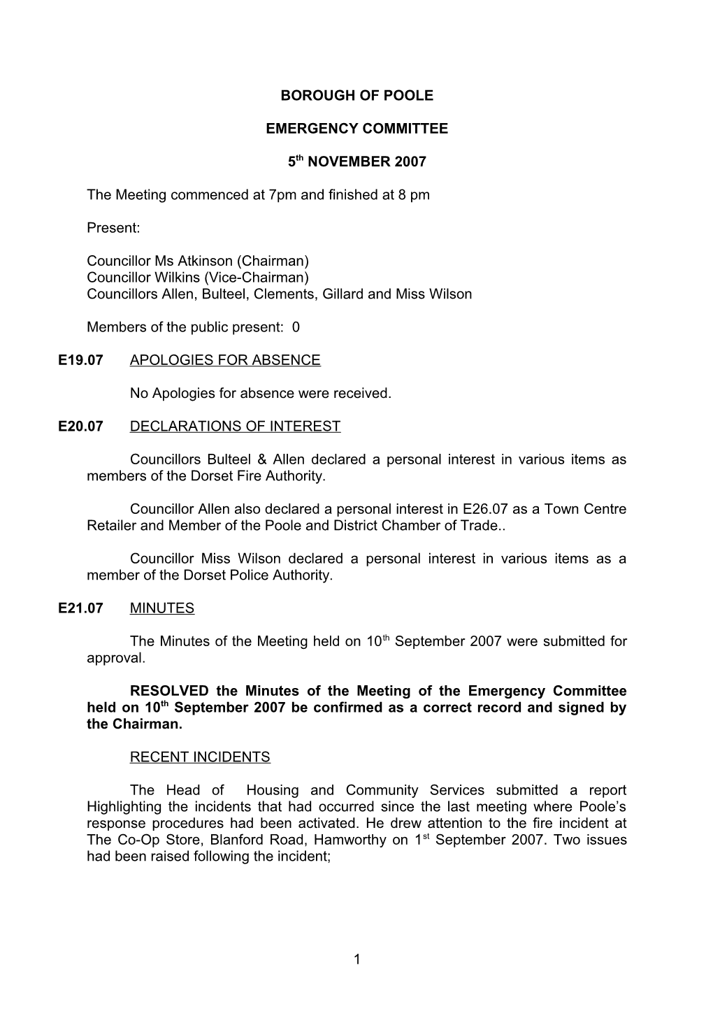 Minutes - Emergency Committee - 5 November 2007