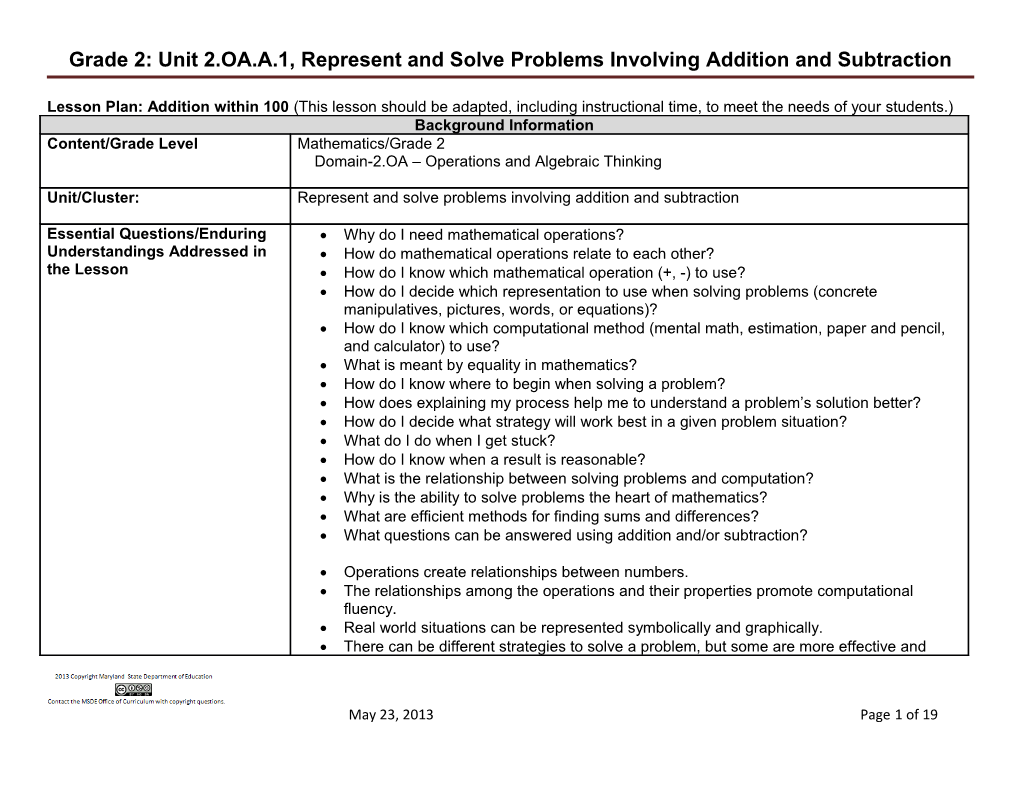 Grade 2: Unit 2.OA.A.1, Represent and Solve Problems Involving Addition and Subtraction