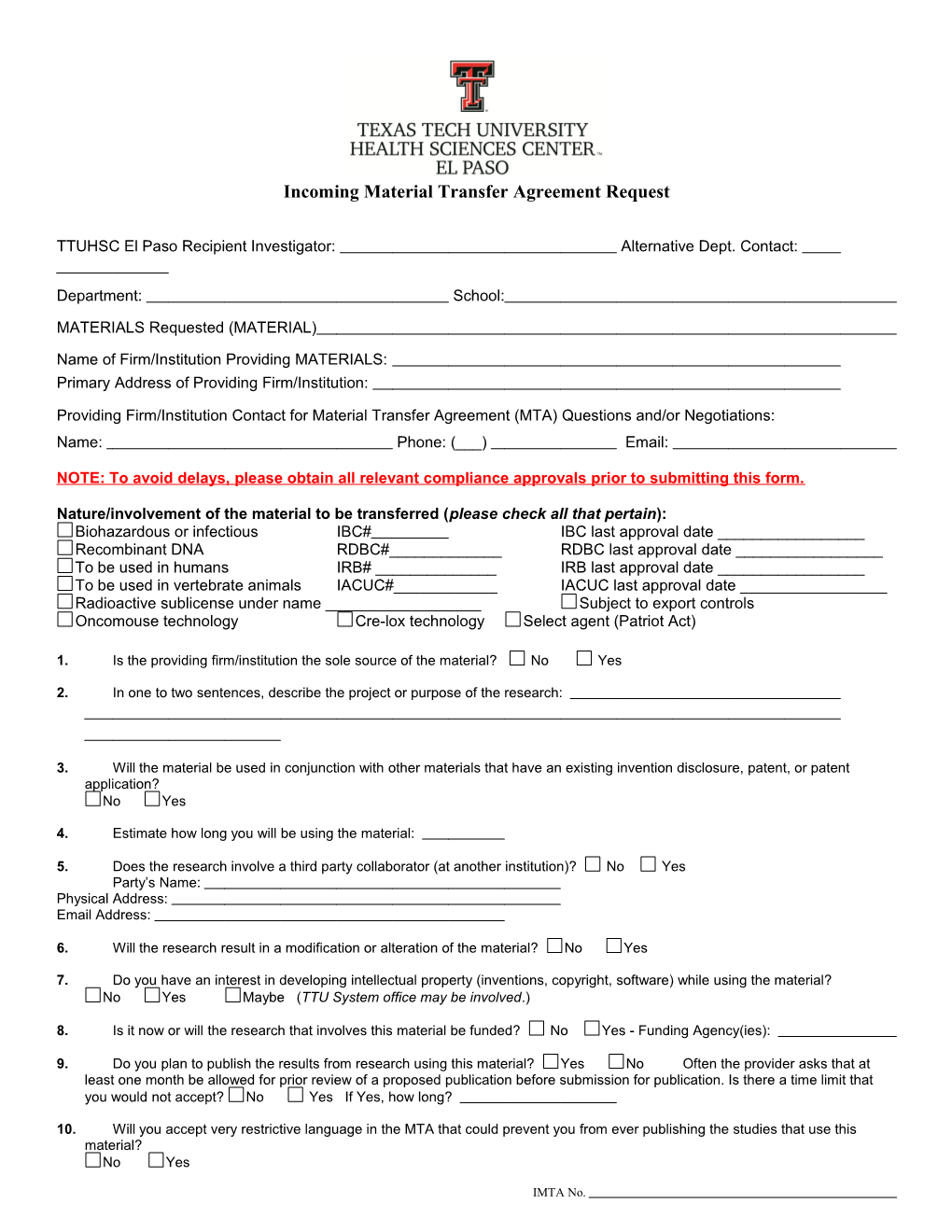 Incoming Material Transfer Route Sheet