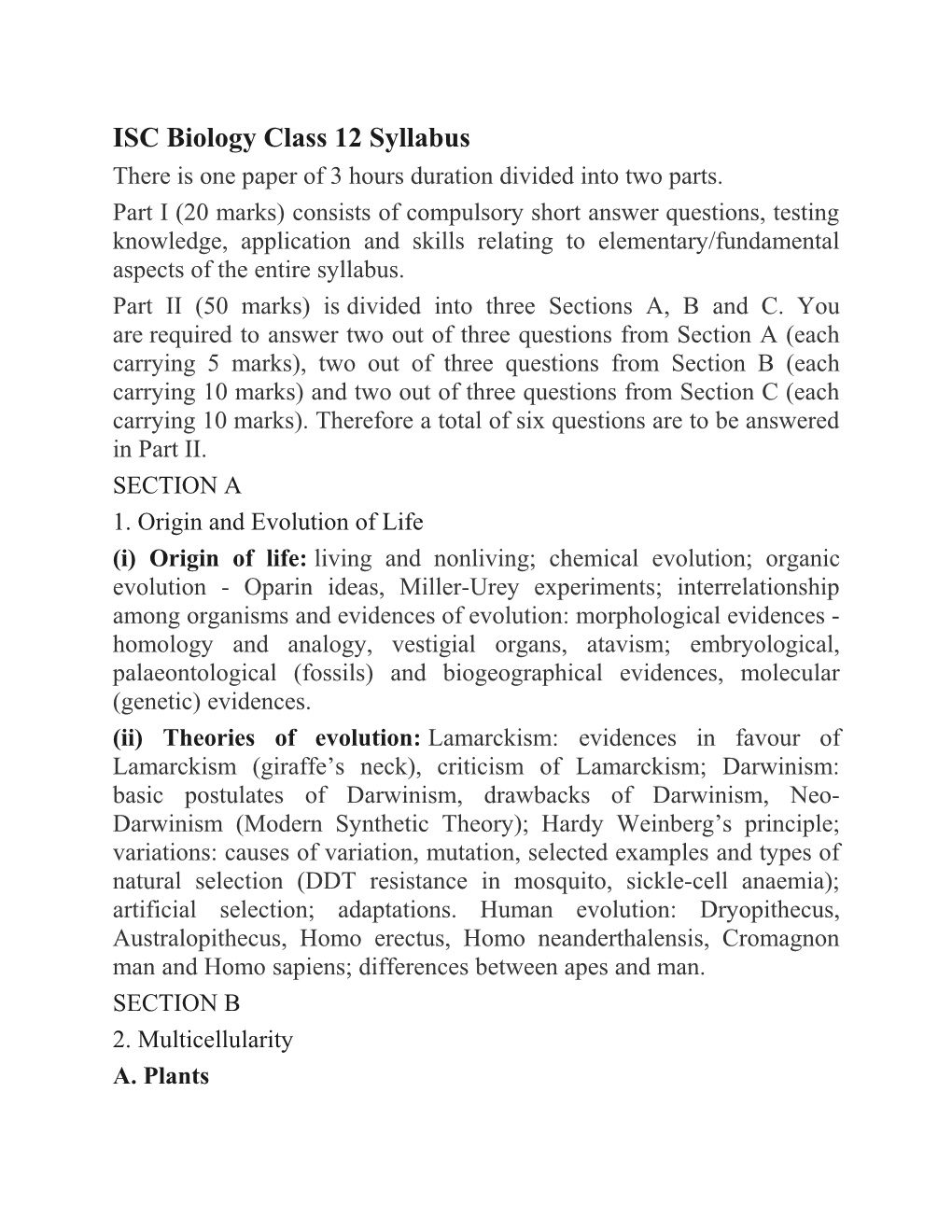 ISC Biology Class 12 Syllabus