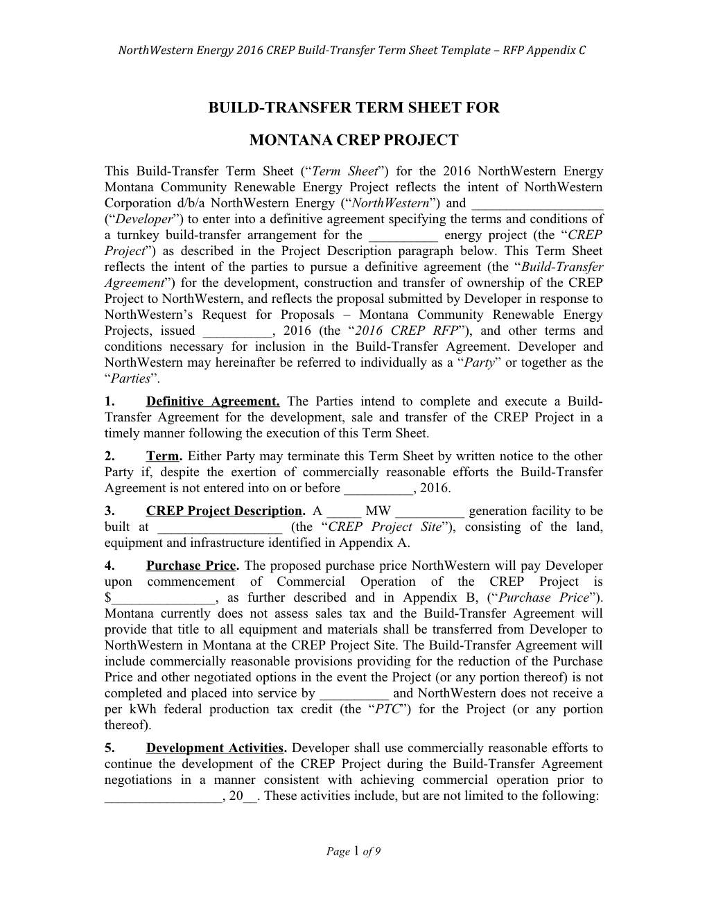 Northwestern Energy 2016 CREP Build-Transfer Term Sheet Template RFP Appendix C