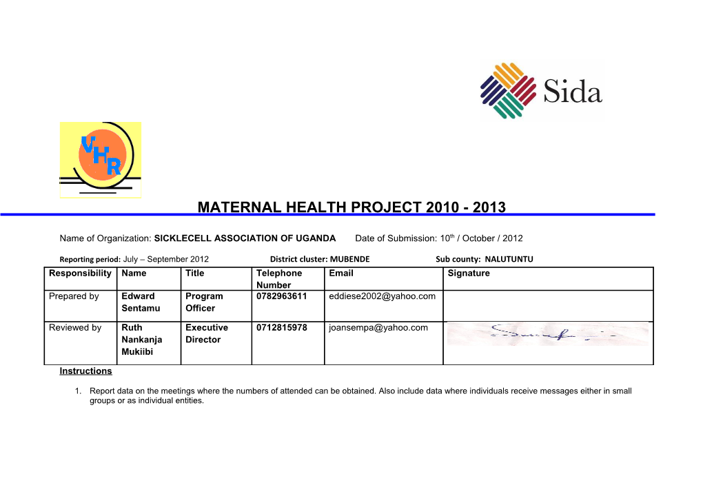 Reporting Period:July September 2012 District Cluster: MUBENDE Sub County: NALUTUNTU