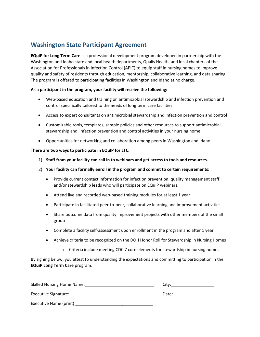 Equip LTC WA Participant Agreement and Enrollment Form