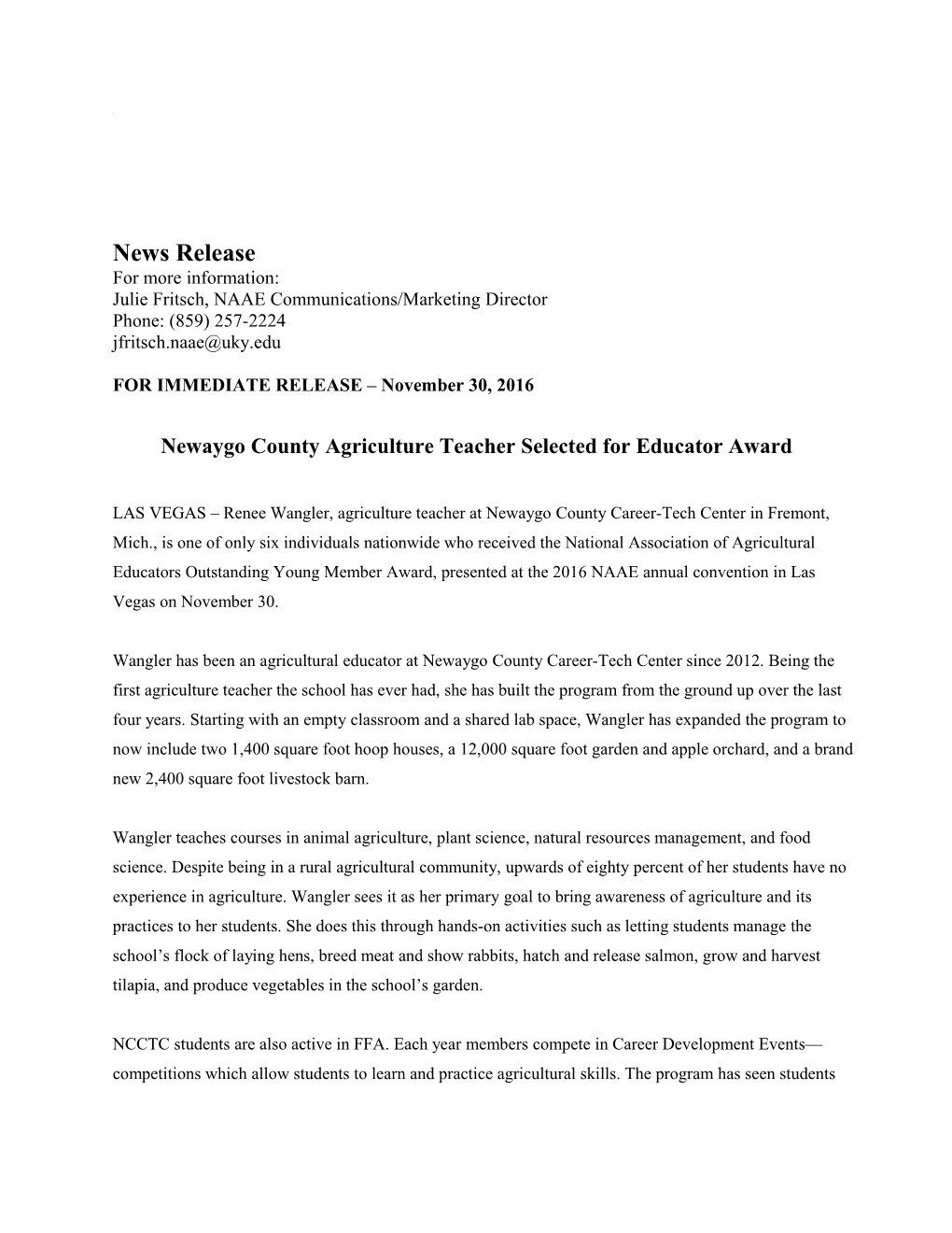 Newaygo County Agriculture Teacher Selected for Educator Award