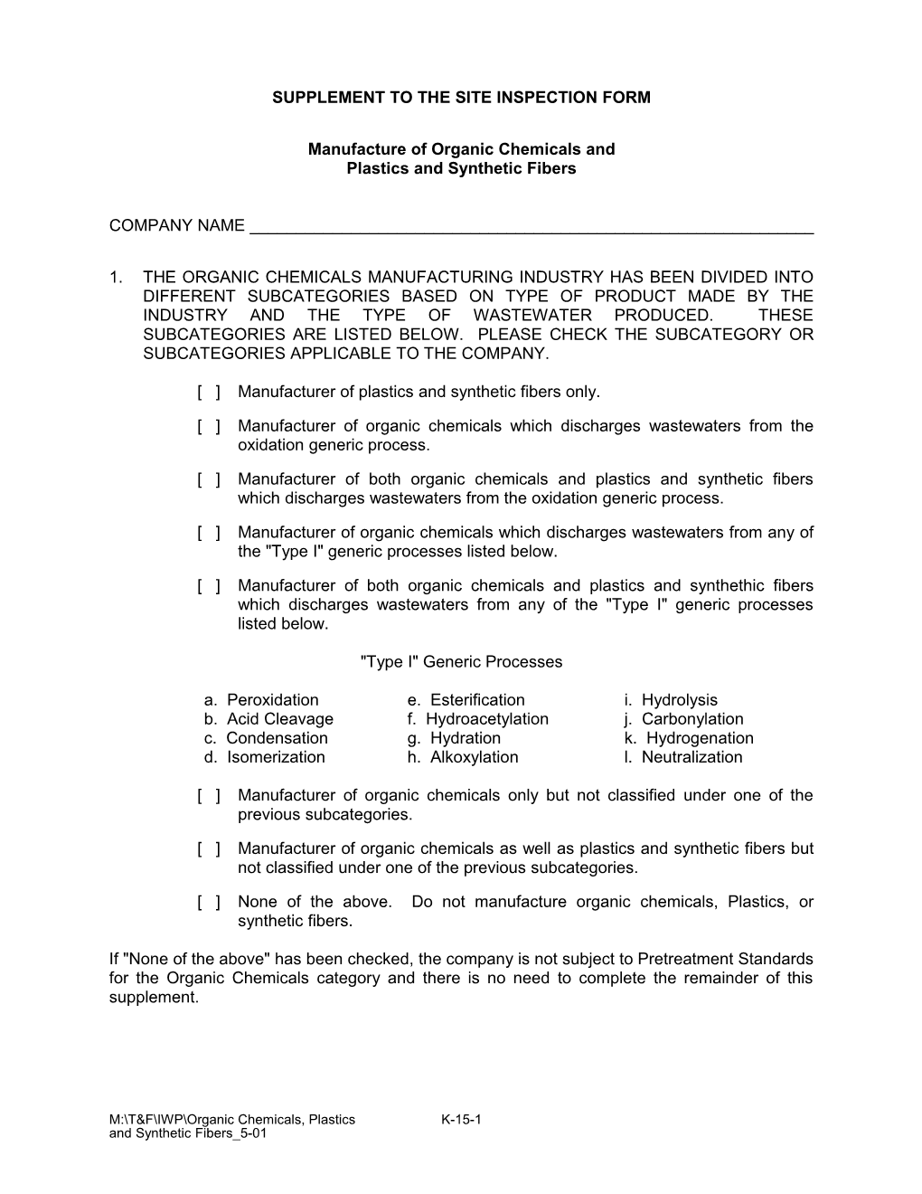 Supplement to the Site Inspection Form