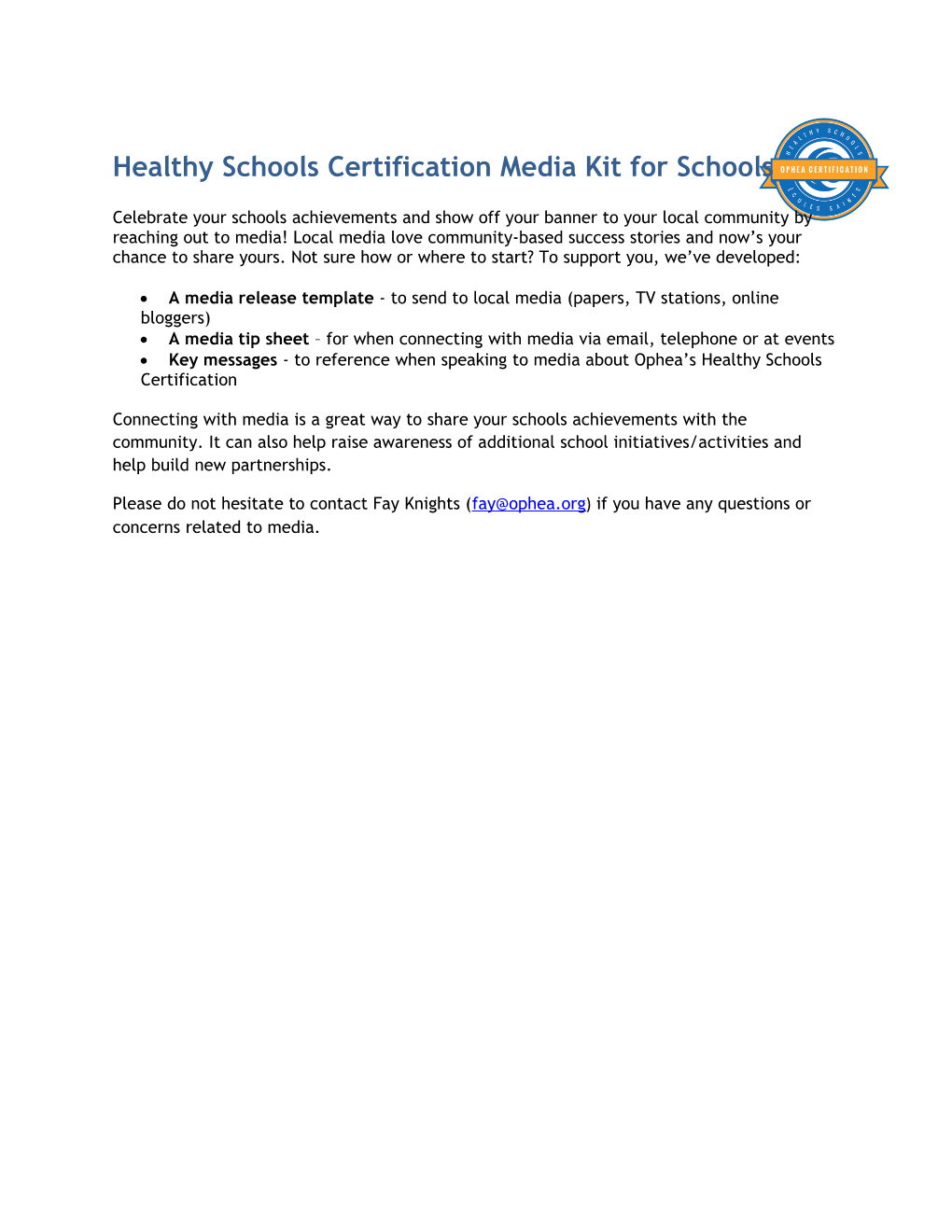 Healthy Schools Certification Media Kitfor Schools