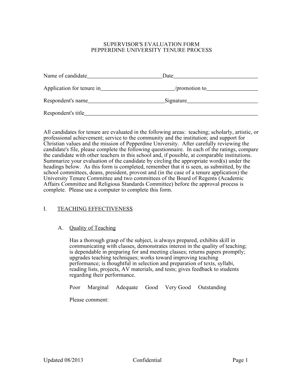 Supervisor's Evaluation Form (Tenure)