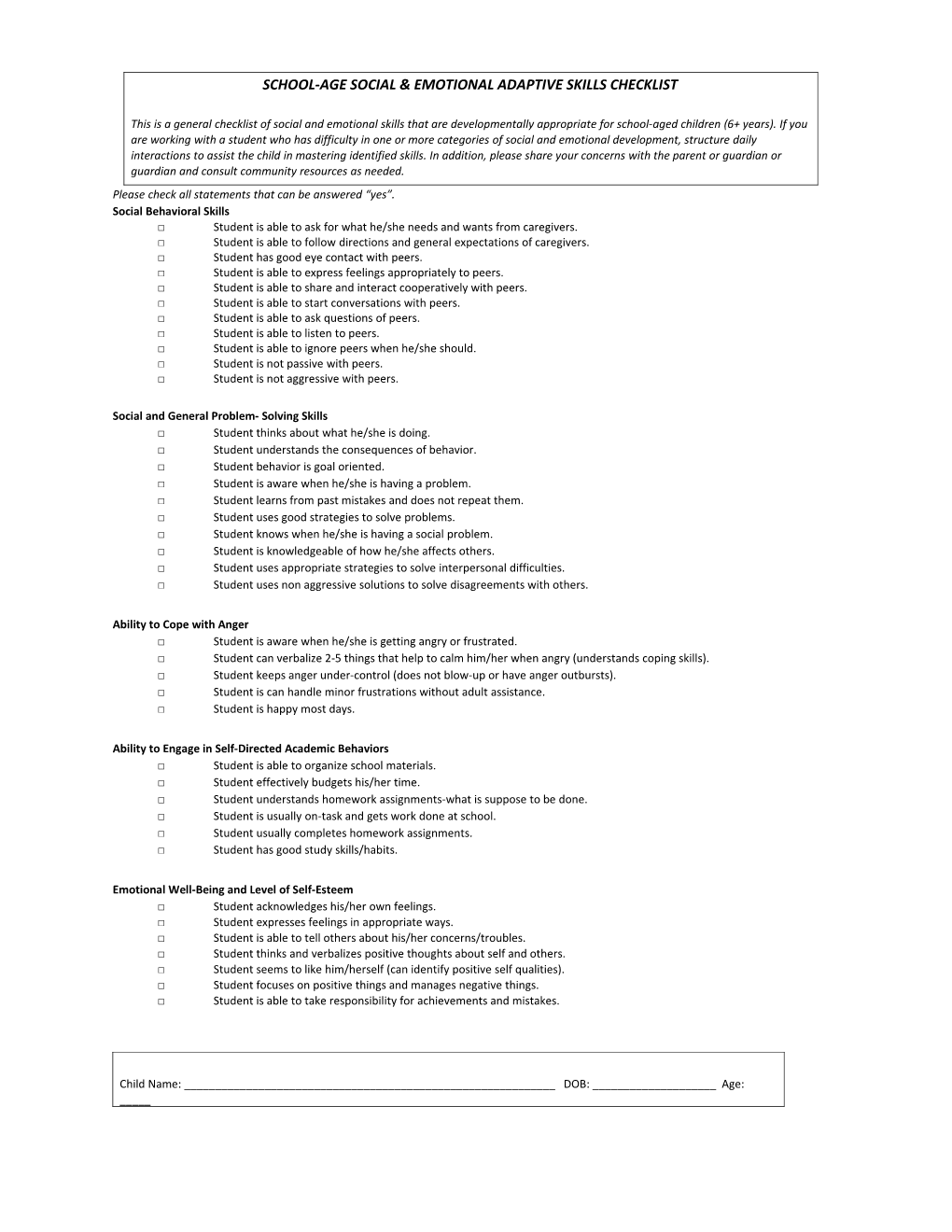 School-Age Social & Emotional Adaptive Skills Checklist