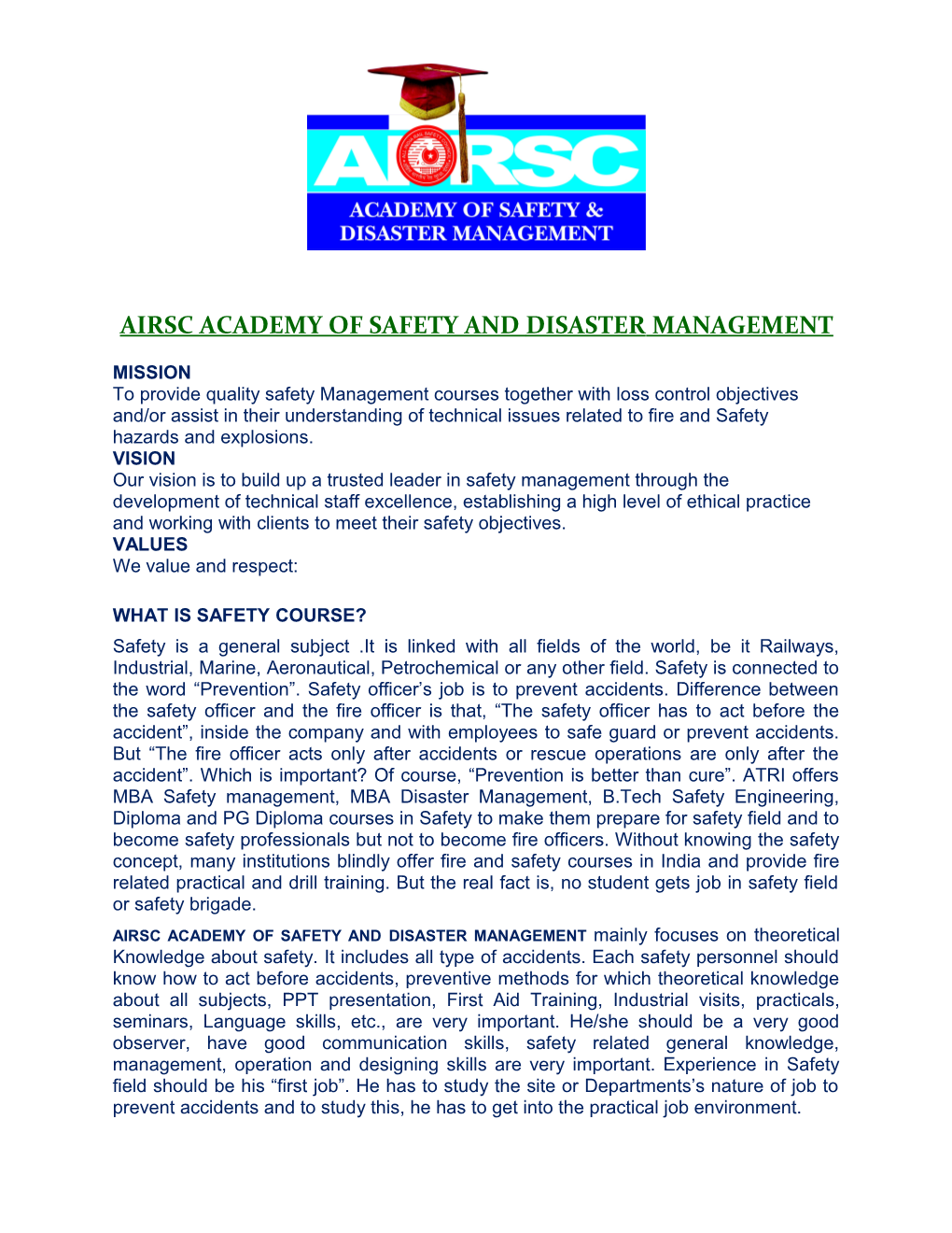 AIRSC ACADEMY of SAFETY and Disaster MANAGEMENT