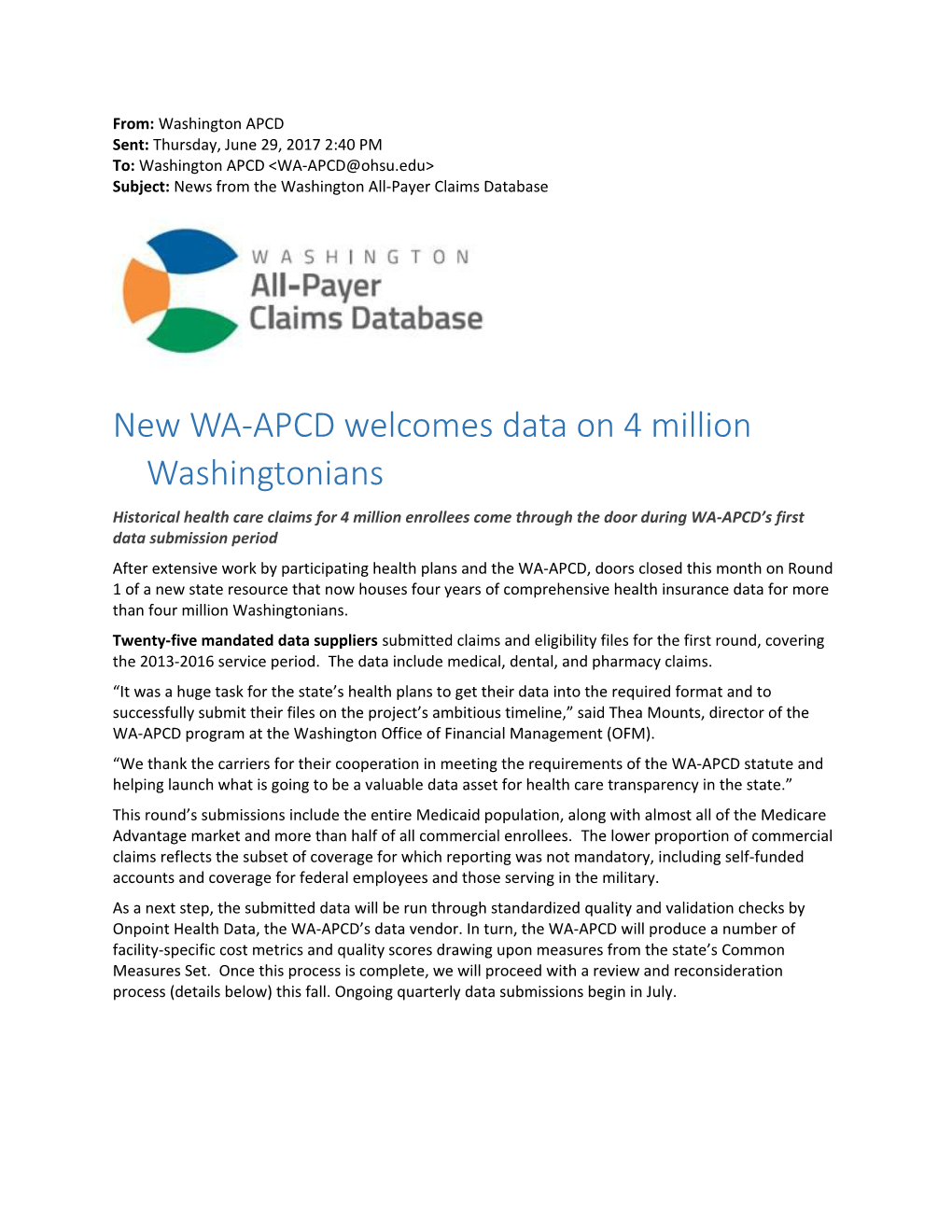 New WA-APCD Welcomes Data on 4 Million Washingtonians