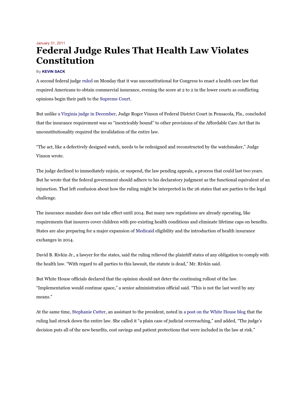 Federal Judge Rules That Health Law Violates Constitution