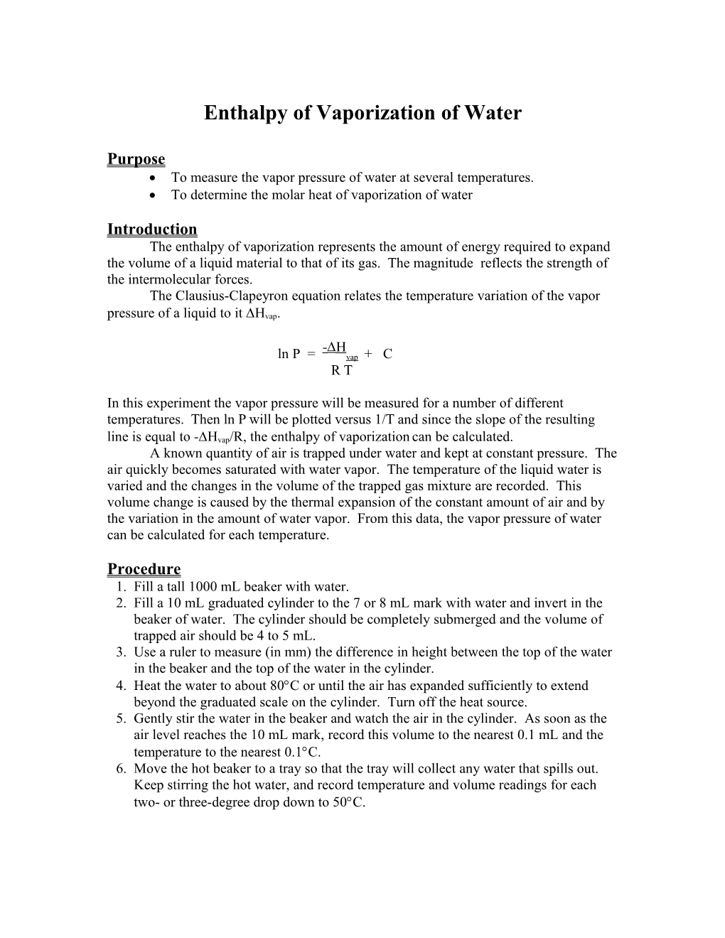 Enthalpy of Vaporization of Water