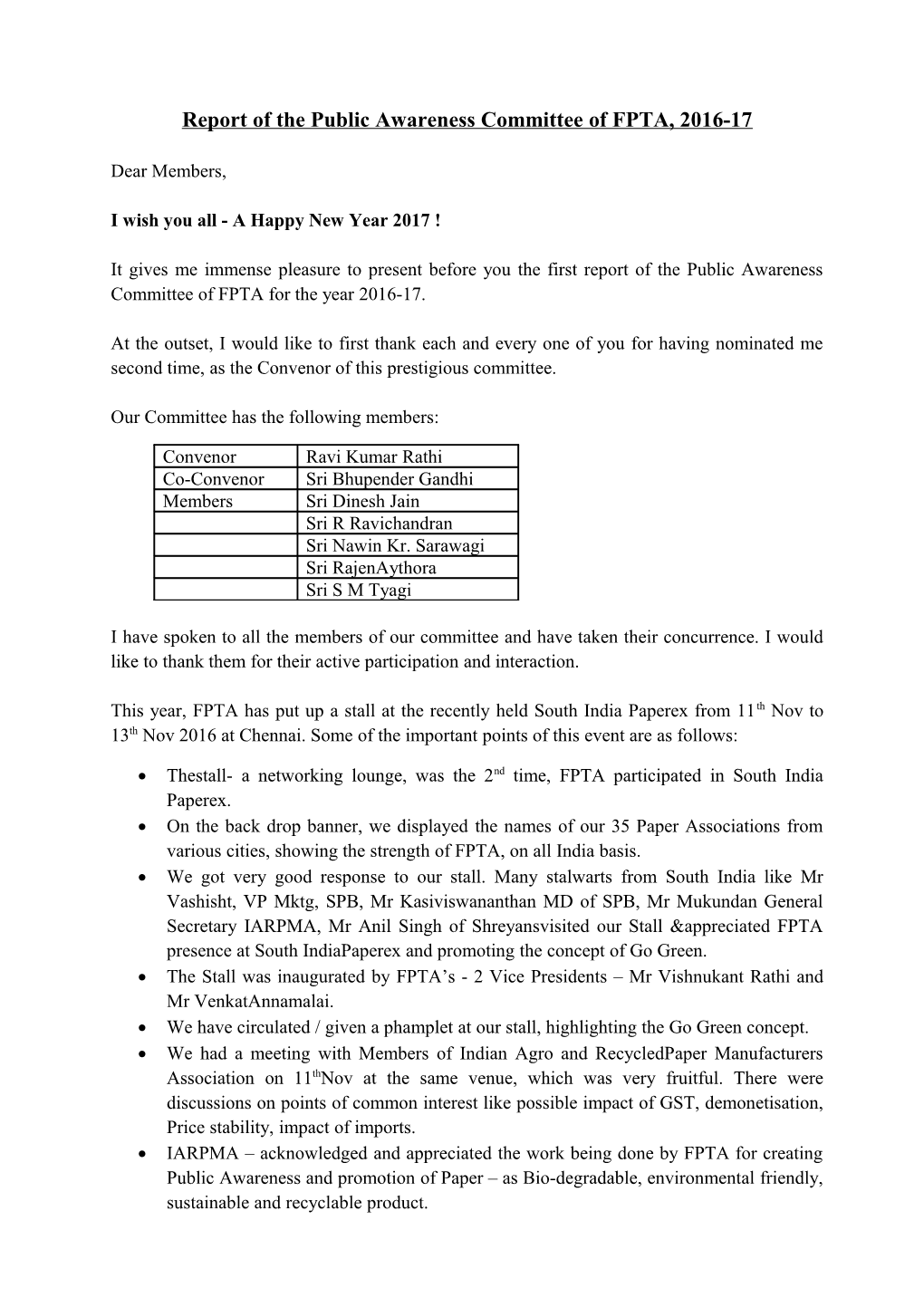 Report of the Public Awareness Committee of FPTA, 2016-17