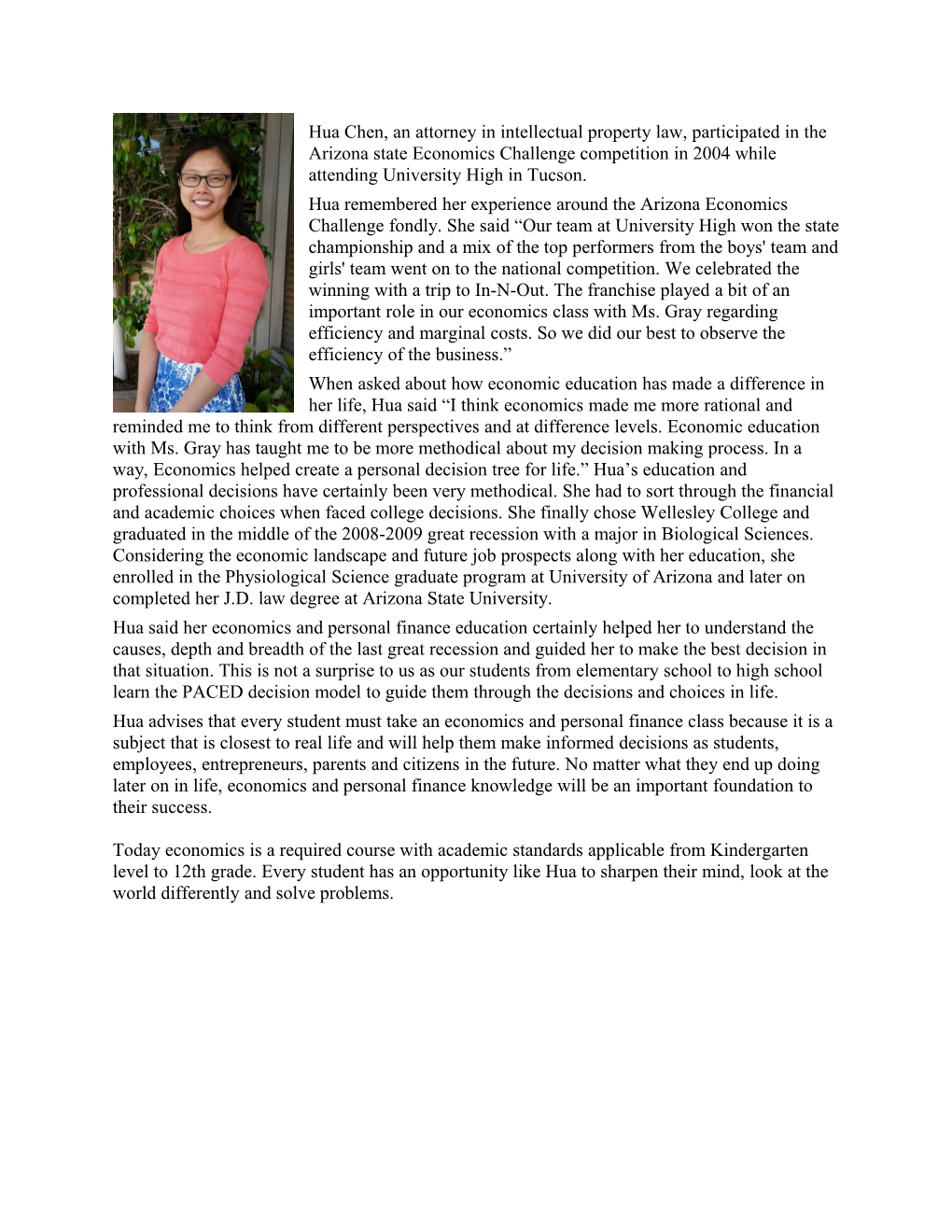 Hua Chen,An Attorney in Intellectual Property Law, Participated in the Arizona State Economics