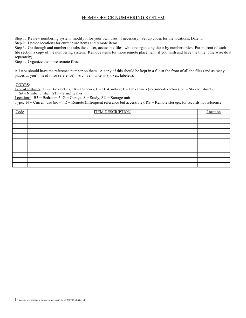 Home Office Numbering System